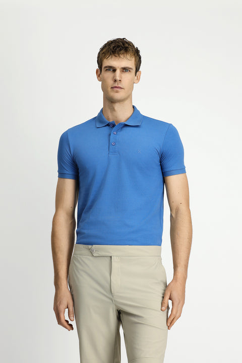 Aviator Blue Slim Fit Embroidered Cotton Polo Shirt