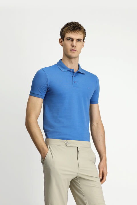 Aviator Blue Slim Fit Embroidered Cotton Polo Shirt