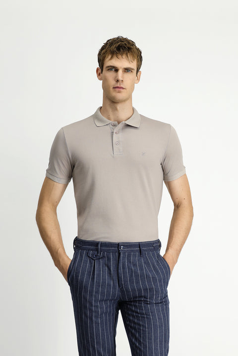 Medium Mink Slim Fit Narrow Cut Embroidered Cotton Polo Shirt