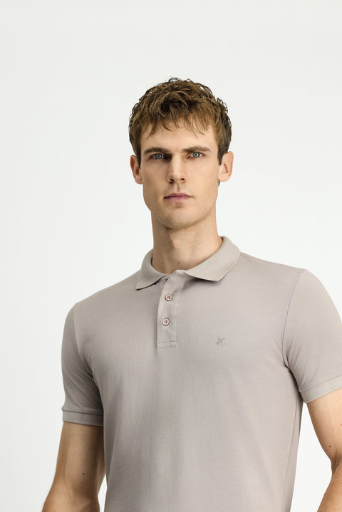Medium Mink Slim Fit Narrow Cut Embroidered Cotton Polo Shirt