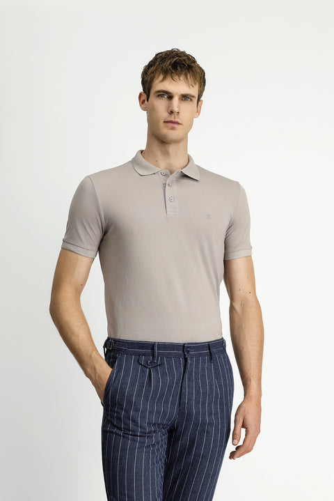 Medium Mink Slim Fit Narrow Cut Embroidered Cotton Polo Shirt