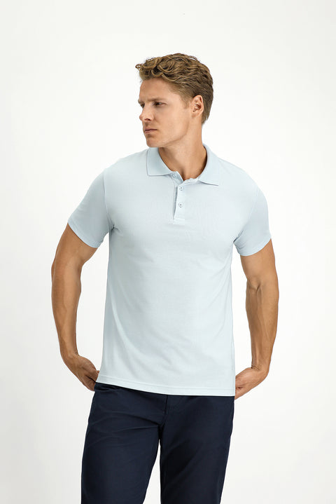 Light Blue Slim Fit Embroidered Cotton Polo Shirt