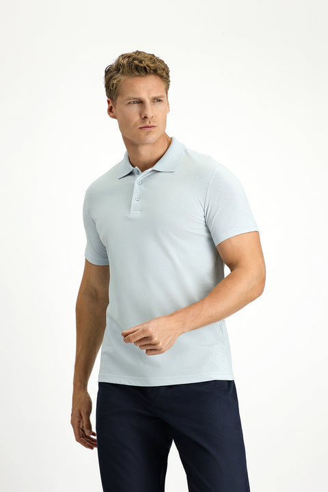 Light Blue Slim Fit Embroidered Cotton Polo Shirt