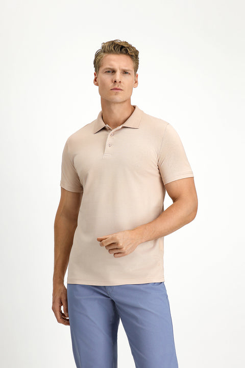 Medium Beige Slim Fit Embroidered Cotton Polo Shirt