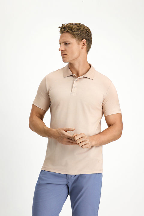 Medium Beige Slim Fit Embroidered Cotton Polo Shirt