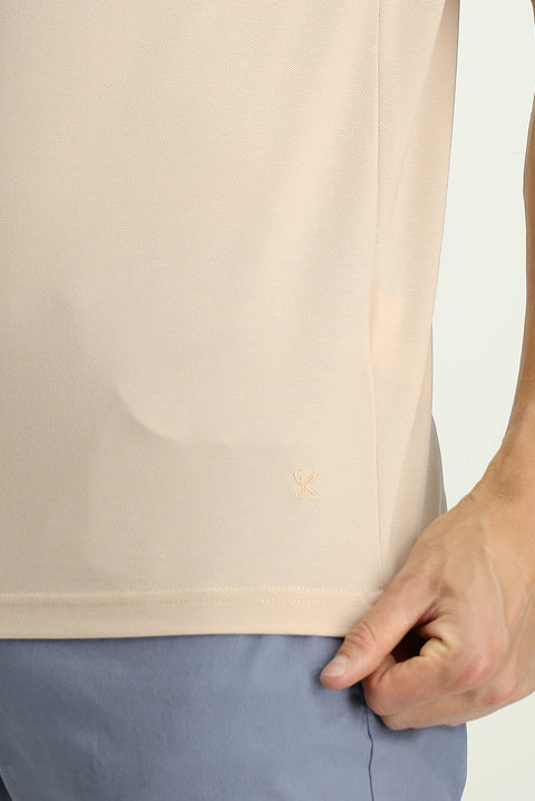 Medium Beige Slim Fit Embroidered Cotton Polo Shirt