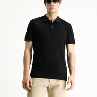 Black Polo Collar Slim Fit Embroidered Cotton T-Shirt