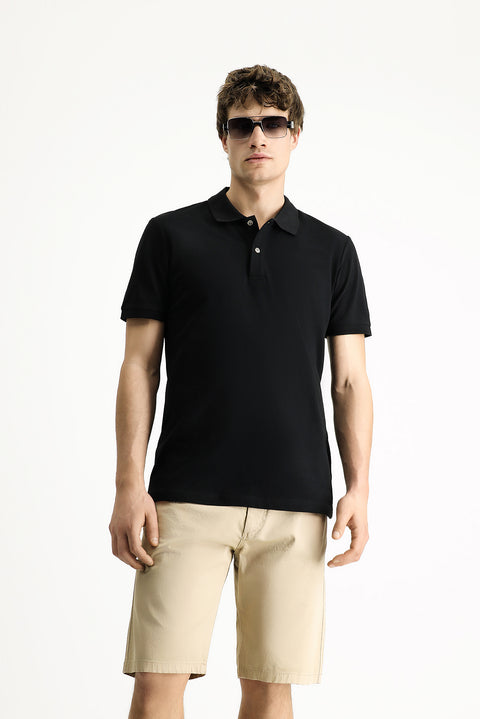 Black Polo Collar Slim Fit Embroidered Cotton T-Shirt