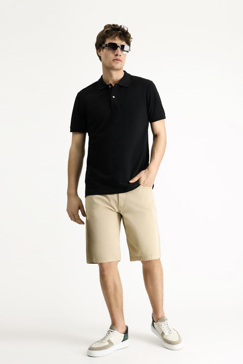 Black Polo Collar Slim Fit Embroidered Cotton T-Shirt