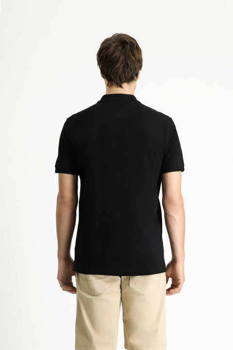 Black Polo Collar Slim Fit Embroidered Cotton T-Shirt