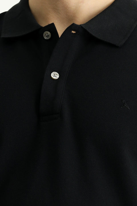 Black Polo Collar Slim Fit Embroidered Cotton T-Shirt