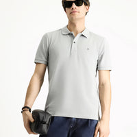 Medium Grey Polo Collar Slim Fit Embroidered Cotton T-Shirt