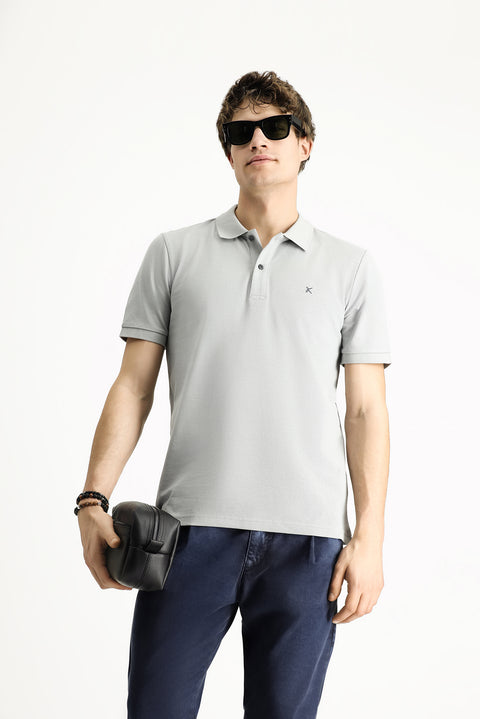Medium Grey Polo Collar Slim Fit Embroidered Cotton T-Shirt