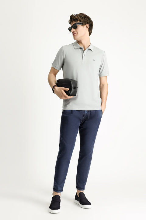 Medium Grey Polo Collar Slim Fit Embroidered Cotton T-Shirt