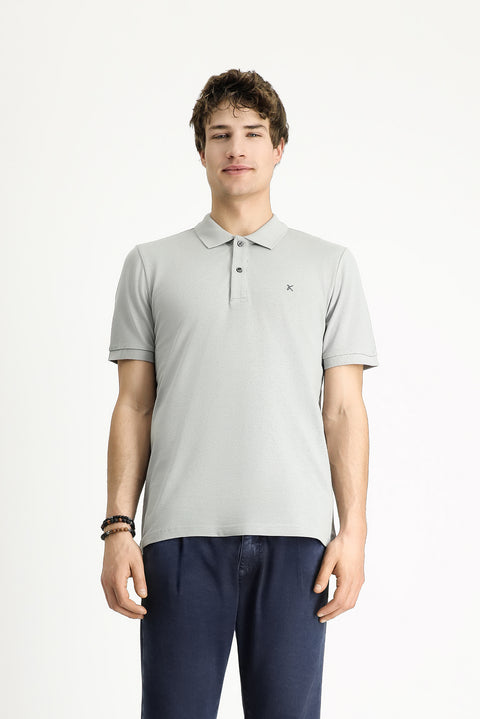 Medium Grey Polo Collar Slim Fit Embroidered Cotton T-Shirt