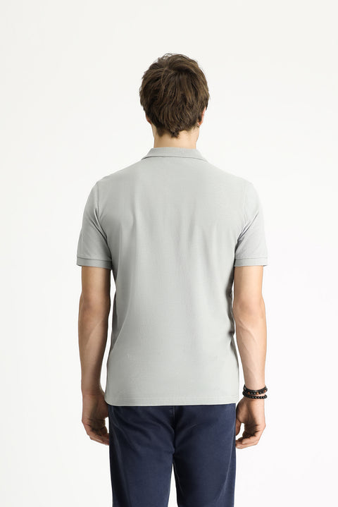 Medium Grey Polo Collar Slim Fit Embroidered Cotton T-Shirt