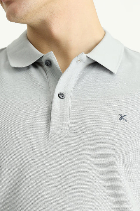 Medium Grey Polo Collar Slim Fit Embroidered Cotton T-Shirt