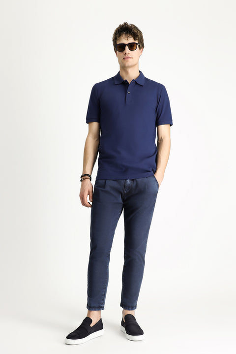 Medium Navy Polo Collar Slim Fit Embroidered Cotton T-Shirt