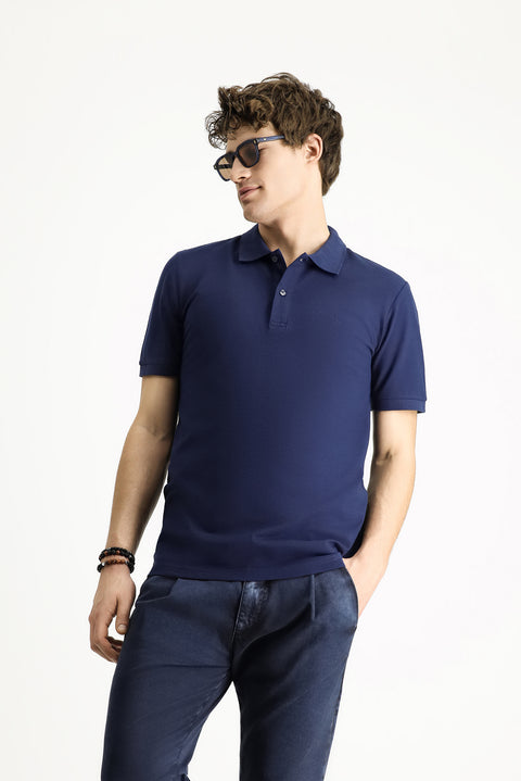 Medium Navy Polo Collar Slim Fit Embroidered Cotton T-Shirt