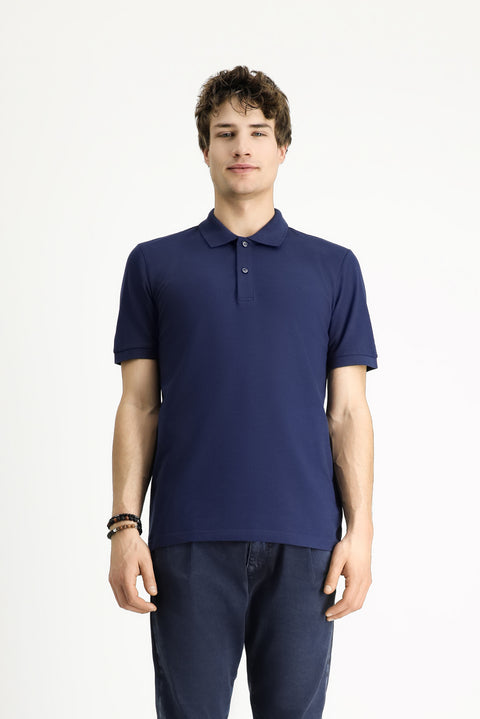 Medium Navy Polo Collar Slim Fit Embroidered Cotton T-Shirt
