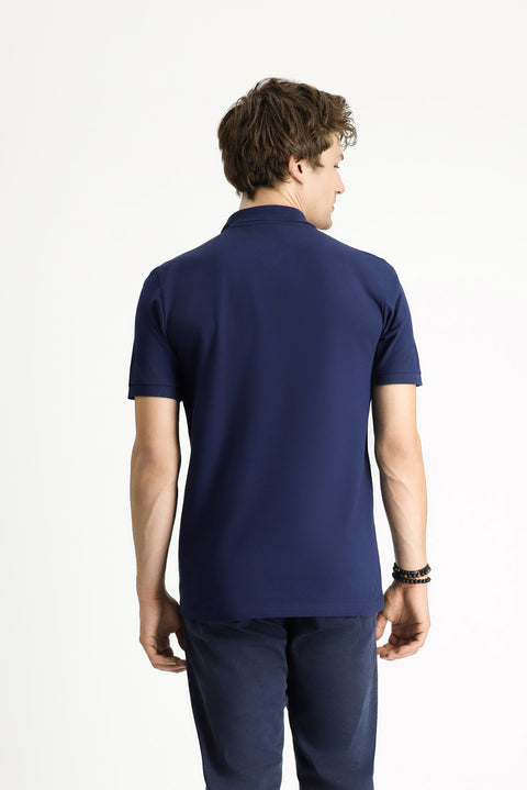 Medium Navy Polo Collar Slim Fit Embroidered Cotton T-Shirt