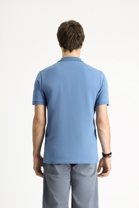 Havacı Mavi Polo Yaka Slim Fit Dar Kesim Nakışlı Pamuk Tişört