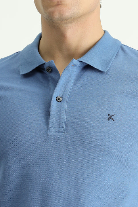 Havacı Mavi Polo Yaka Slim Fit Dar Kesim Nakışlı Pamuk Tişört