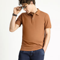 Light Brown Polo Collar Slim Fit Embroidered Cotton T-Shirt