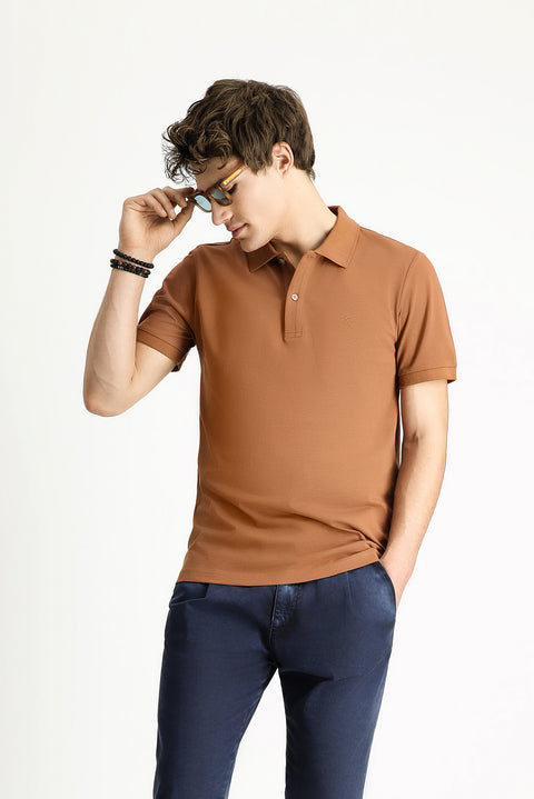 Light Brown Polo Collar Slim Fit Embroidered Cotton T-Shirt