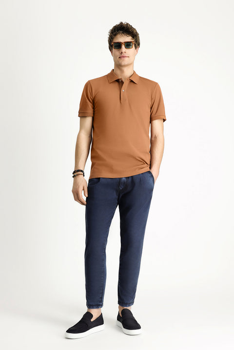 Light Brown Polo Collar Slim Fit Embroidered Cotton T-Shirt