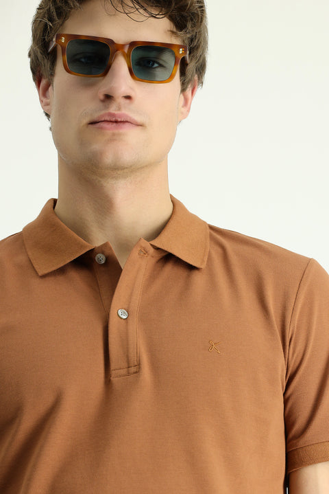 Light Brown Polo Collar Slim Fit Embroidered Cotton T-Shirt