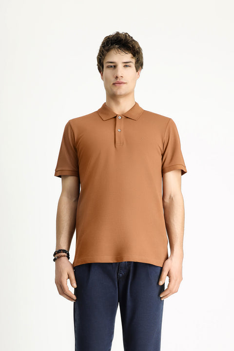 Light Brown Polo Collar Slim Fit Embroidered Cotton T-Shirt