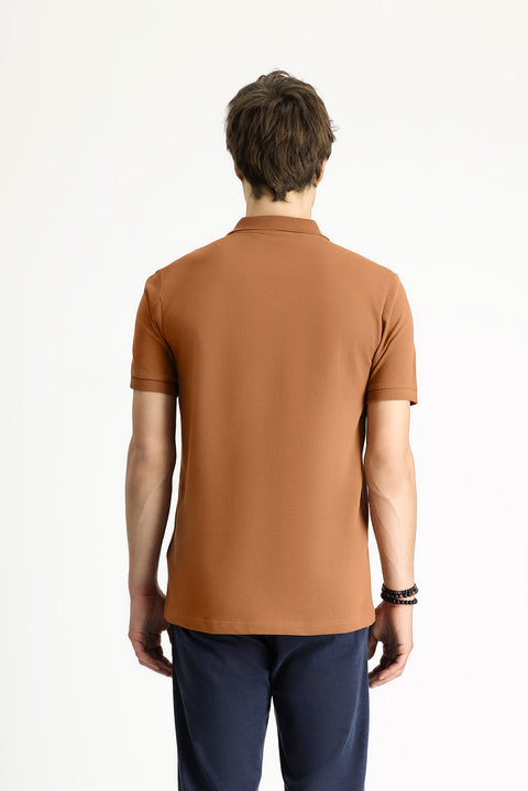 Light Brown Polo Collar Slim Fit Embroidered Cotton T-Shirt