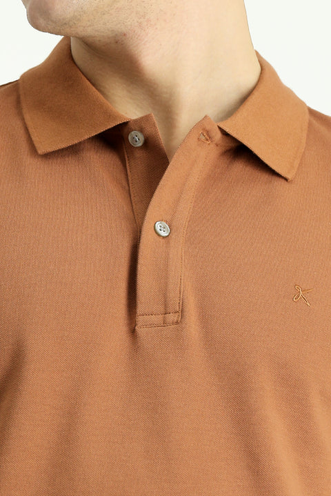 Light Brown Polo Collar Slim Fit Embroidered Cotton T-Shirt