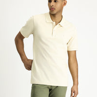 Light Beige Polo Collar Slim Fit Embroidered Cotton T-Shirt