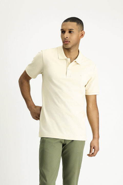 Light Beige Polo Collar Slim Fit Embroidered Cotton T-Shirt