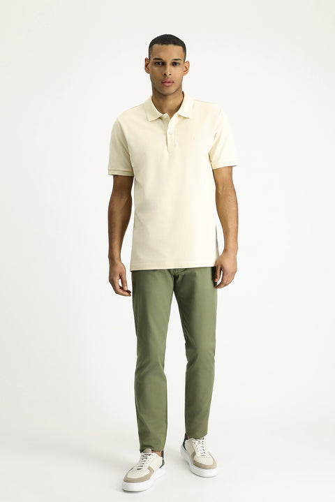 Light Beige Polo Collar Slim Fit Embroidered Cotton T-Shirt