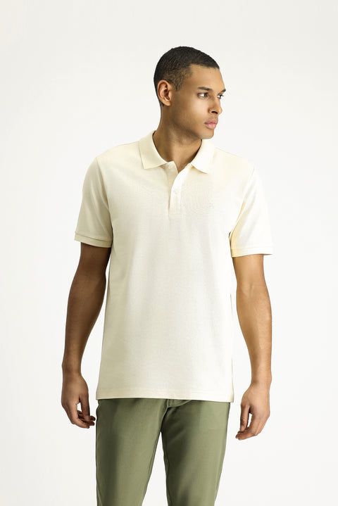 Light Beige Polo Collar Slim Fit Embroidered Cotton T-Shirt
