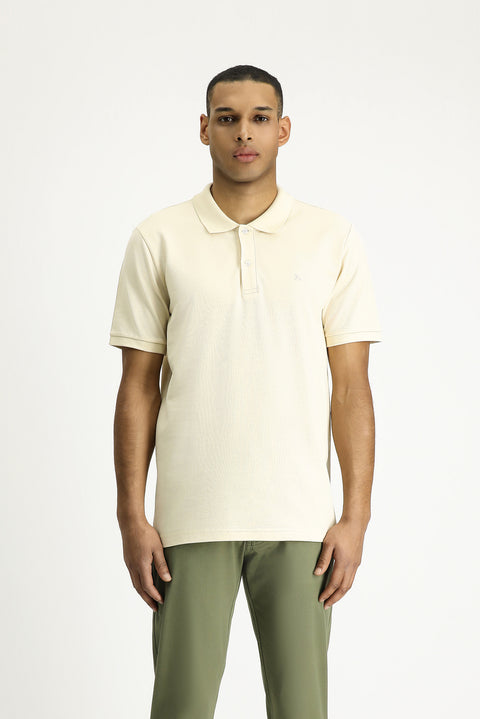 Light Beige Polo Collar Slim Fit Embroidered Cotton T-Shirt