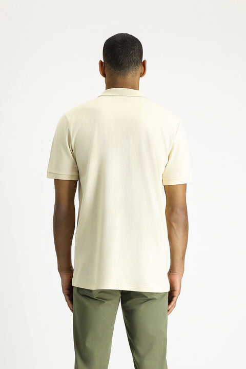Light Beige Polo Collar Slim Fit Embroidered Cotton T-Shirt