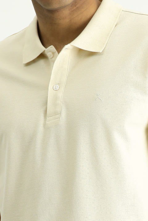 Light Beige Polo Collar Slim Fit Embroidered Cotton T-Shirt
