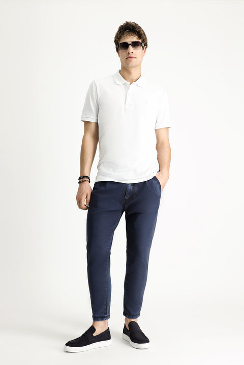 White Polo Collar Slim Fit Embroidered Cotton T-Shirt