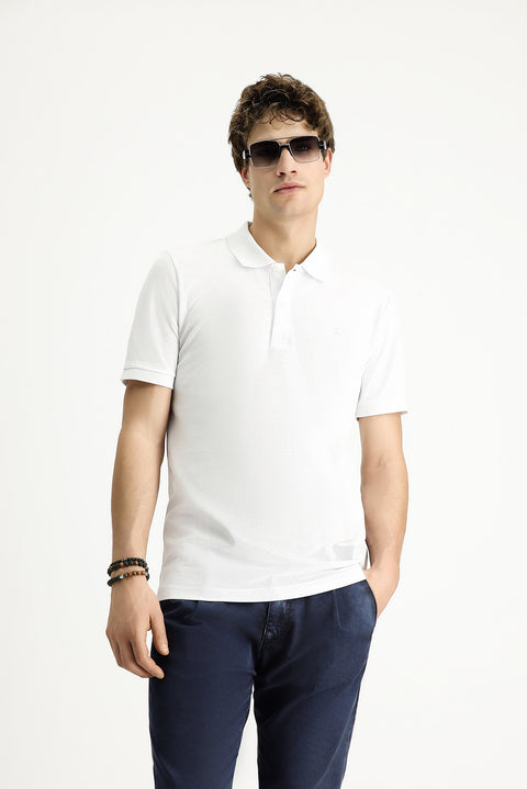 White Polo Collar Slim Fit Embroidered Cotton T-Shirt