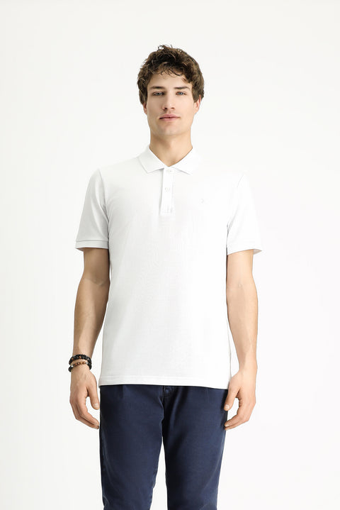 White Polo Collar Slim Fit Embroidered Cotton T-Shirt