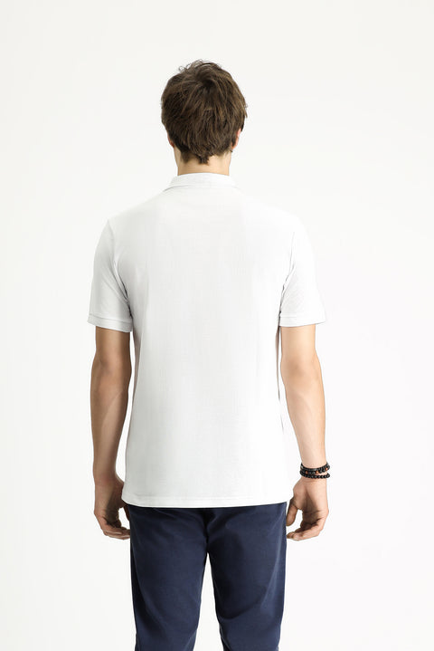 White Polo Collar Slim Fit Embroidered Cotton T-Shirt