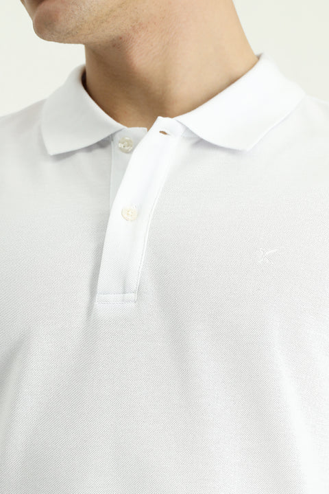 White Polo Collar Slim Fit Embroidered Cotton T-Shirt