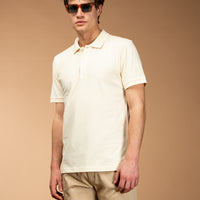 Cream Polo Collar Slim Fit Narrow Cut Embroidered Cotton T-shirt