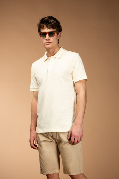 Cream Polo Collar Slim Fit Narrow Cut Embroidered Cotton T-shirt