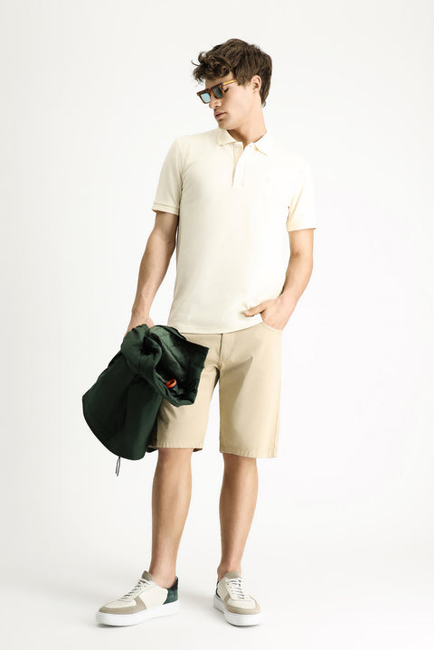 Cream Polo Collar Slim Fit Narrow Cut Embroidered Cotton T-shirt