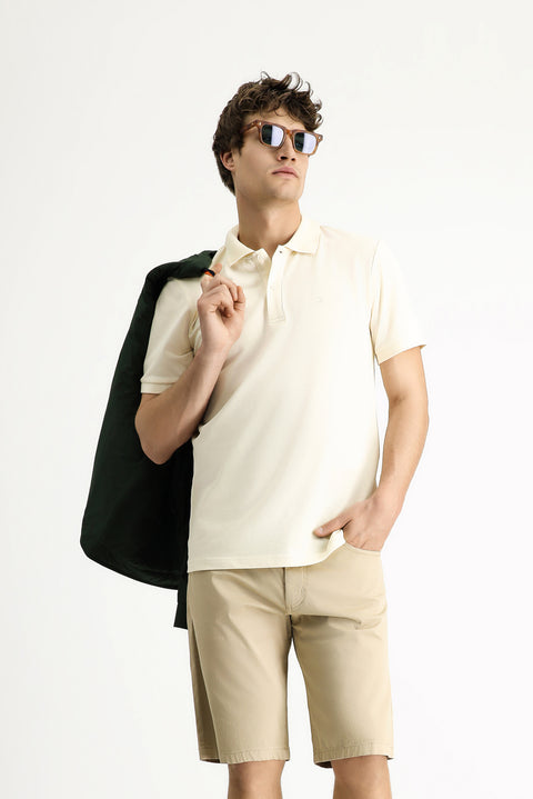Cream Polo Collar Slim Fit Narrow Cut Embroidered Cotton T-shirt